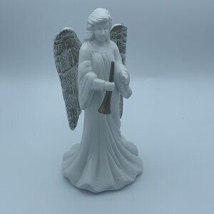 Elegant Ceramic Angel Figurine with Trumpet  8.5 inch – Gold Accents - Christmas